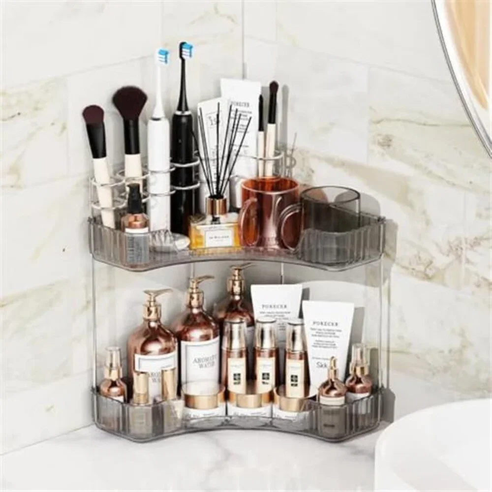 2 Tier Corner Bathroom Counter Organizer Makeup Skincare Brush Holder